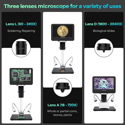 Andonstar AD246S-M 3-Lens HDMI Digitale Microscoop met 7` LCD-scherm