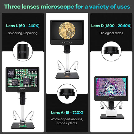 Andonstar AD249S-M 3-Lens HDMI Digitale Microscoop met 10,1` LCD-scherm