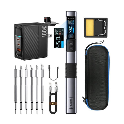 FNIRSI HS - 02A Smart Soldering Iron (incl. 6 Soldering Tips + 100 W Power Supply) - Elektor